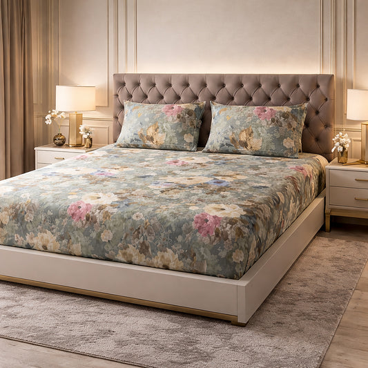 Imported Pure Cotton Satin Bright Floral Green Printed Bedsheet