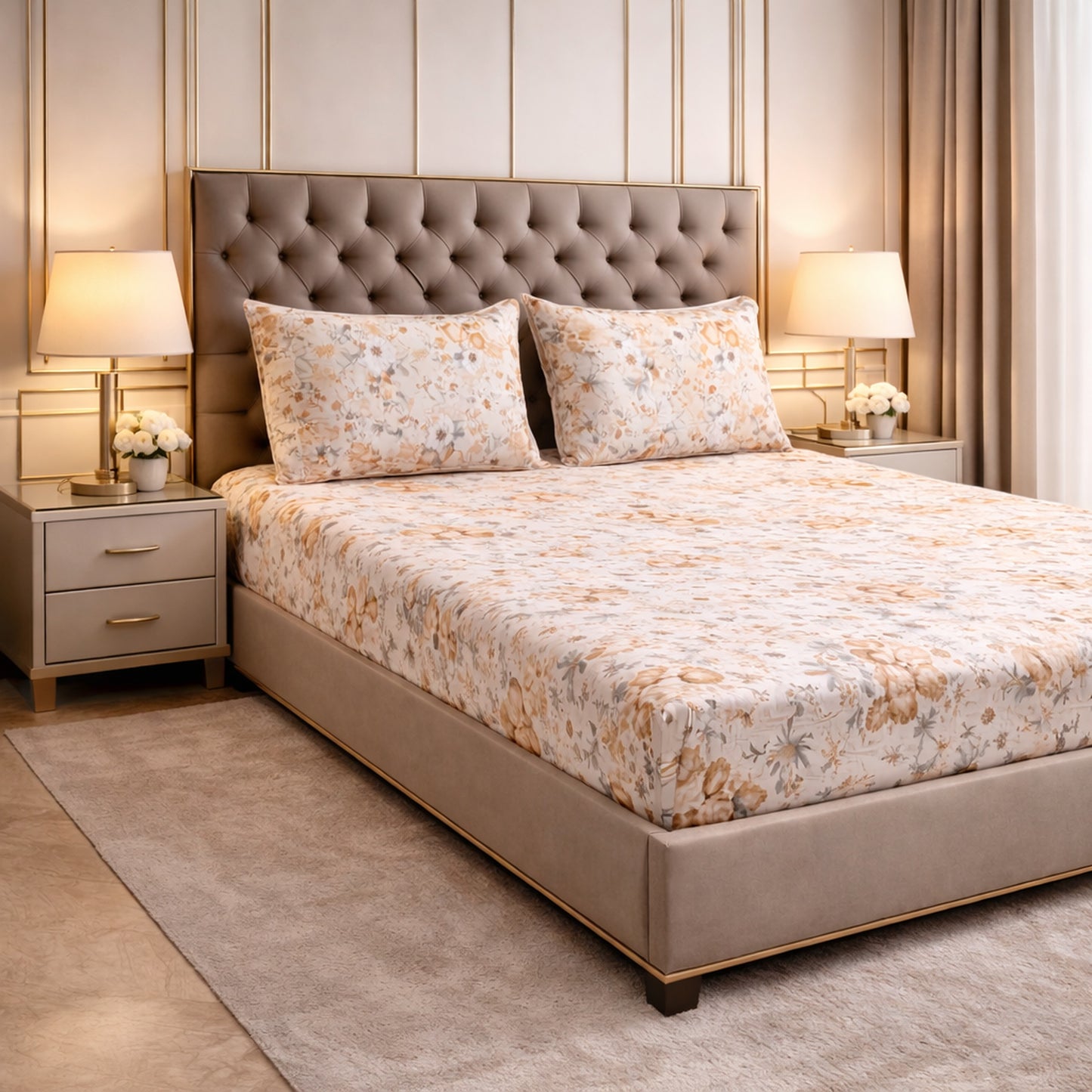 Comfortable Imported Pure Cotton Satin Floral Yellow Printed Bedsheet