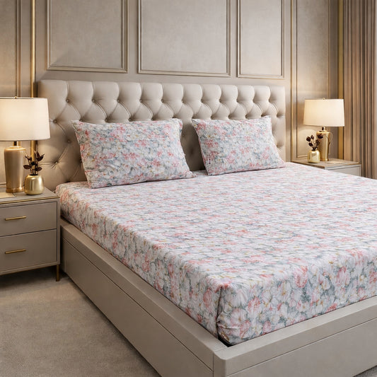 Imported Pure Cotton Satin Floral Baby Pink Bedsheet
