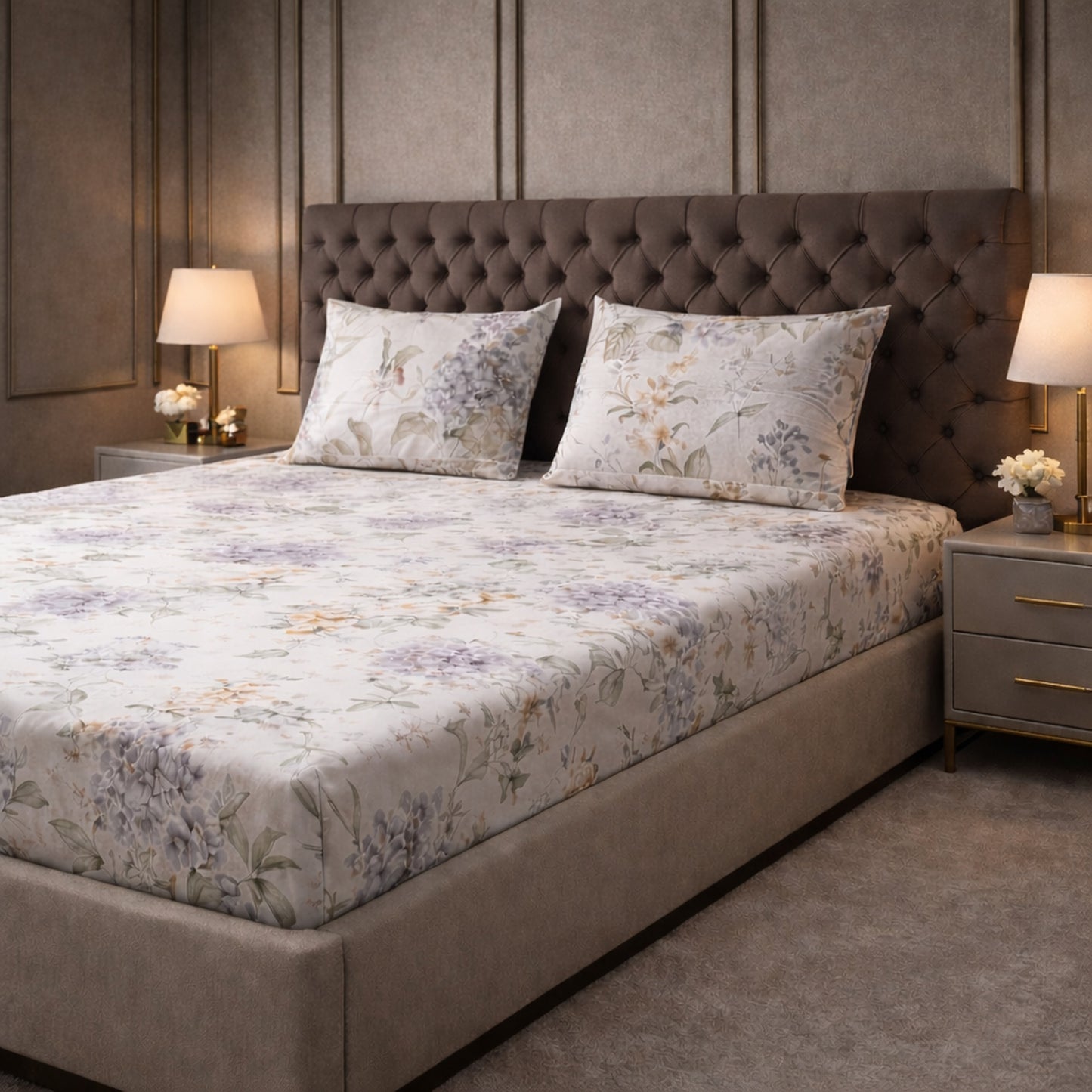Imported Pure Cotton Satin Floral Off White Printed Bedsheet