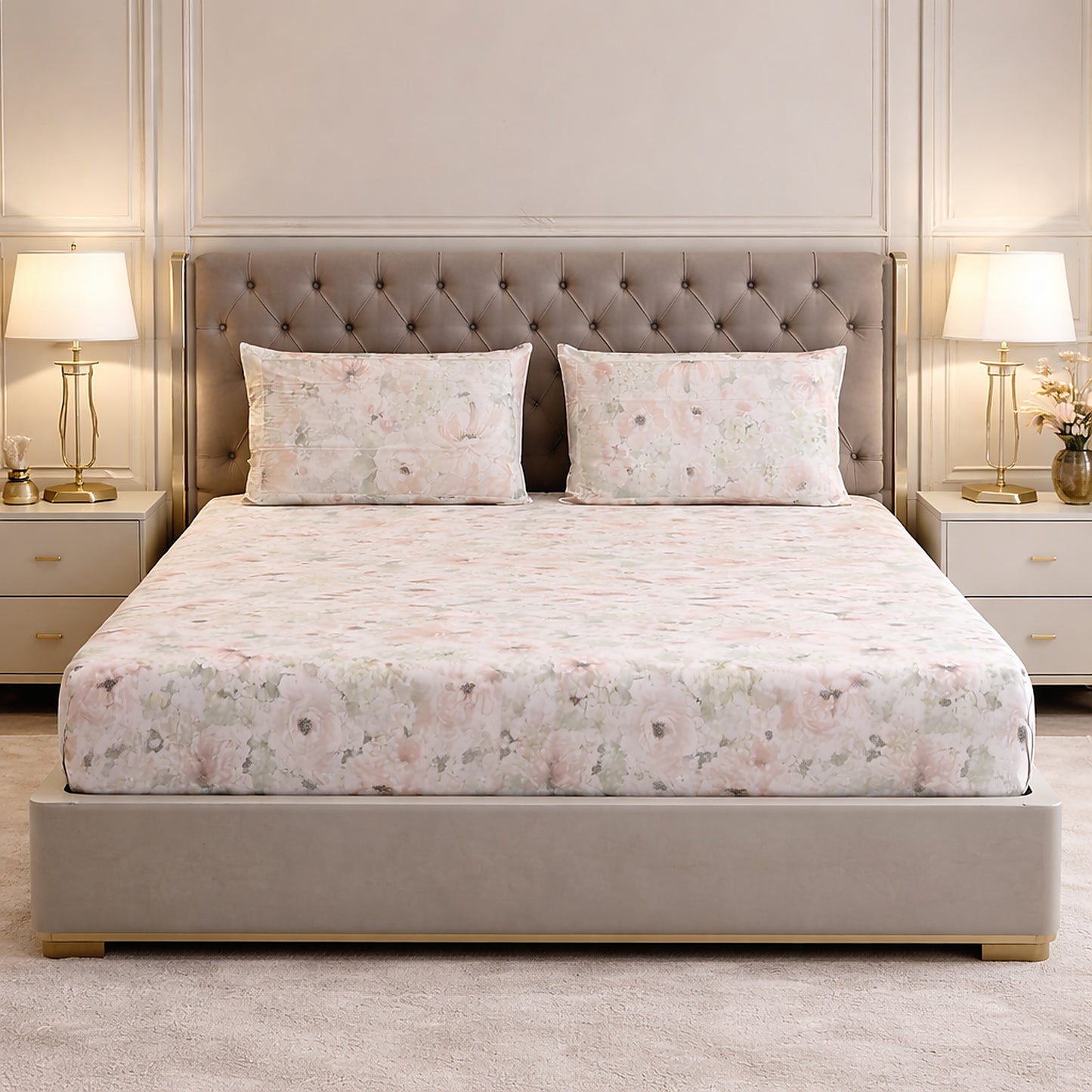 Imported Pure Cotton Floral Baby Pink & Green Bedsheet