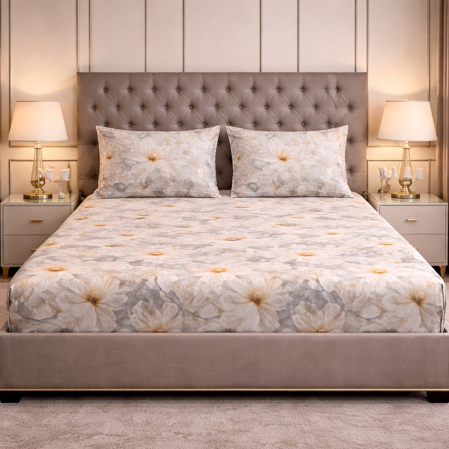 Exclusive Imported Pure Cotton Satin Floral Light Grey Colour Printed Bedsheet