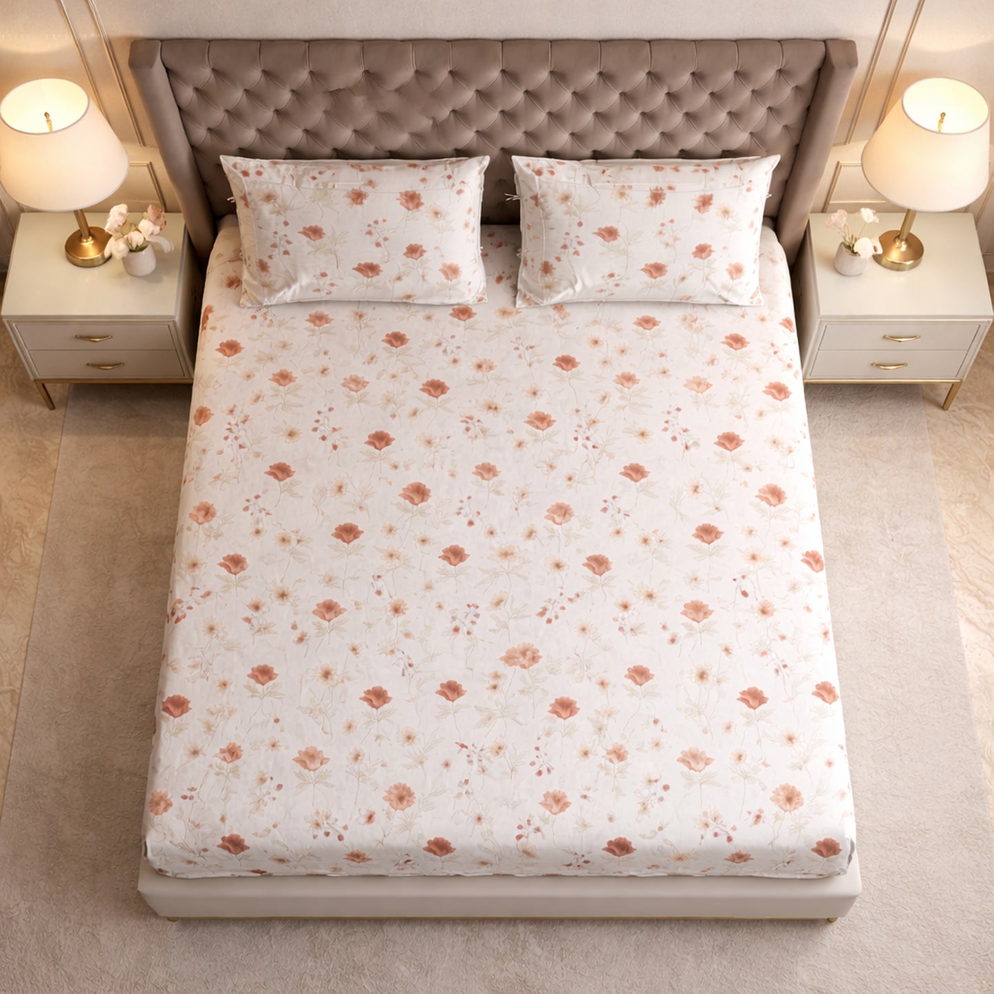 Imported Pure Cotton Satin Floral Light Beige Colour Printed Bedsheet