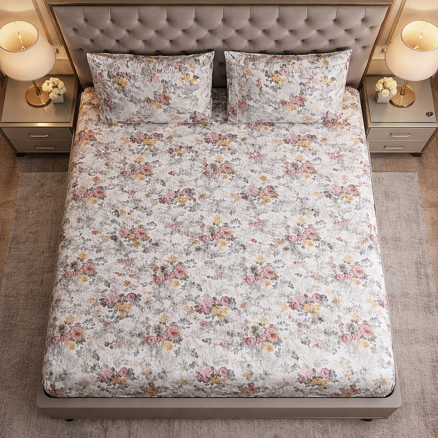 Imported Pure Cotton Satin Floral Multi Colour Printed Bedsheet