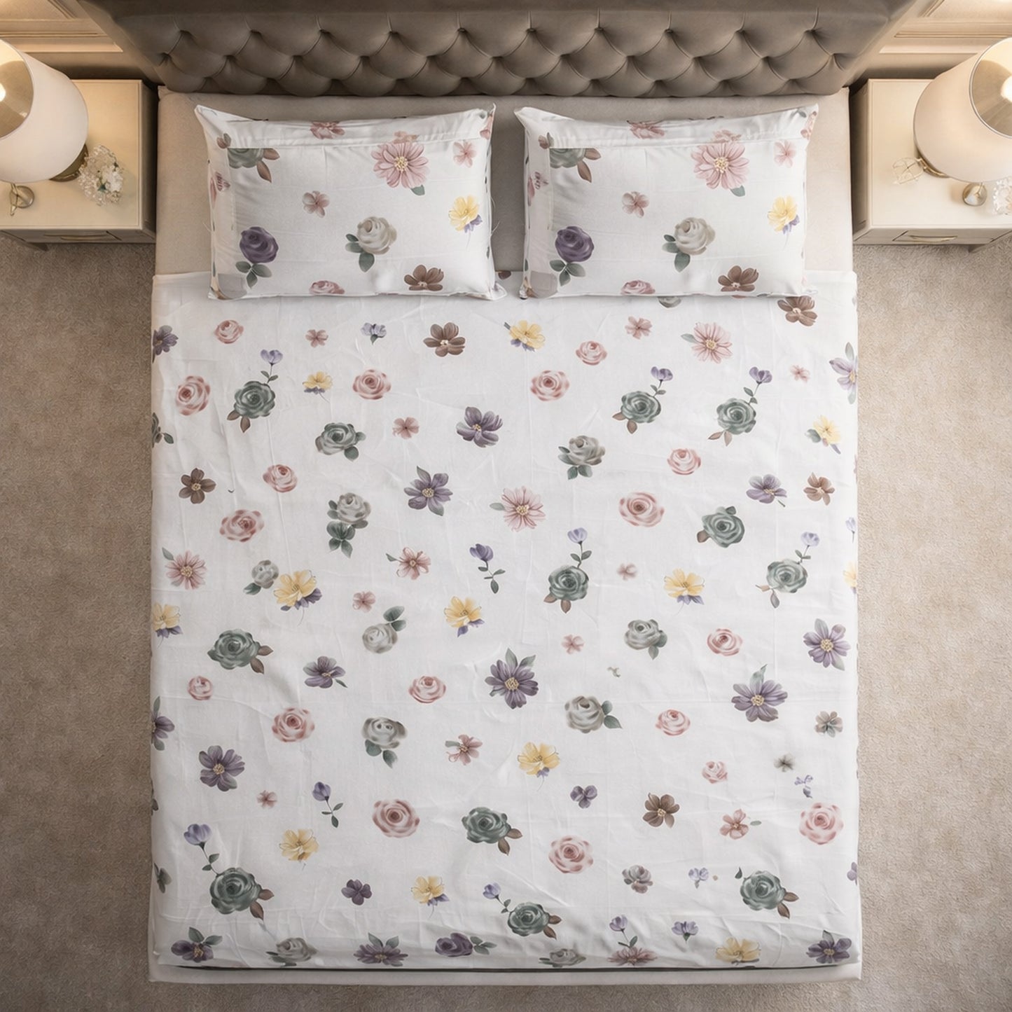Imported Pure Cotton Satin Floral White Bedsheet
