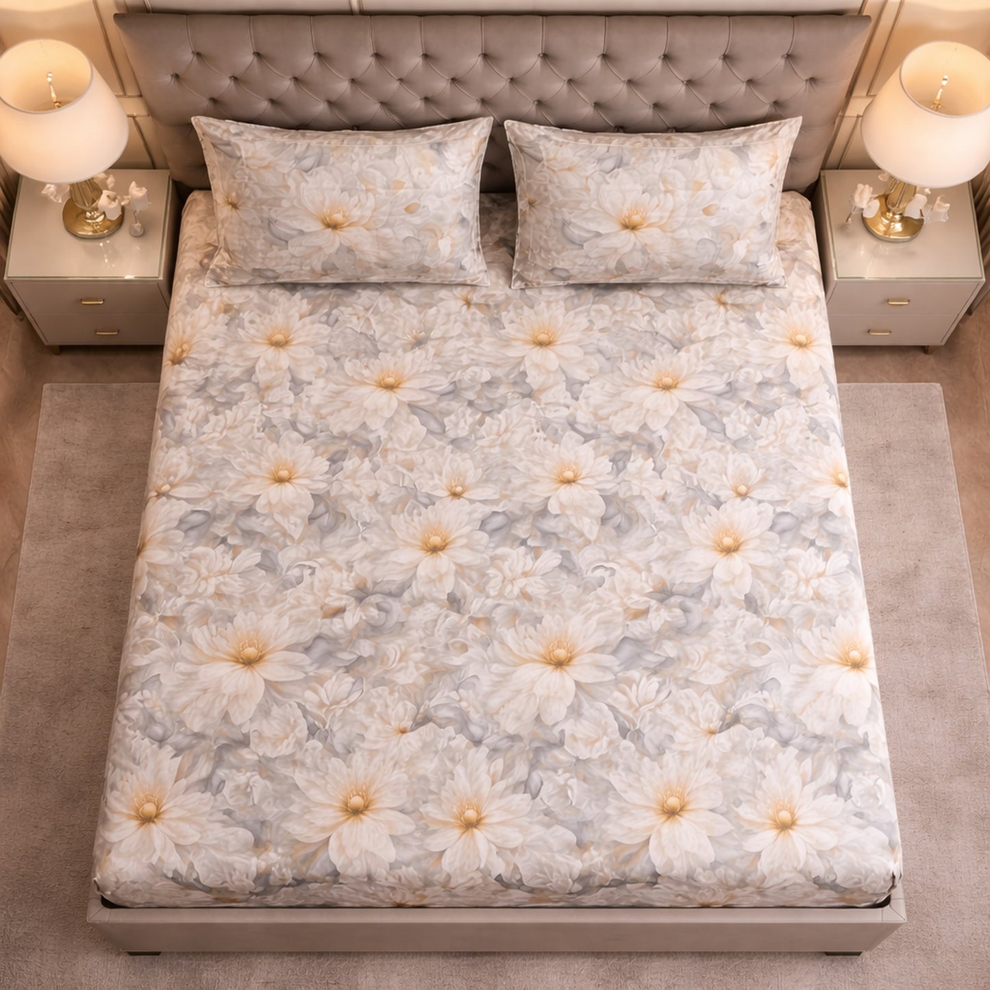 Exclusive Imported Pure Cotton Satin Floral Light Grey Colour Printed Bedsheet