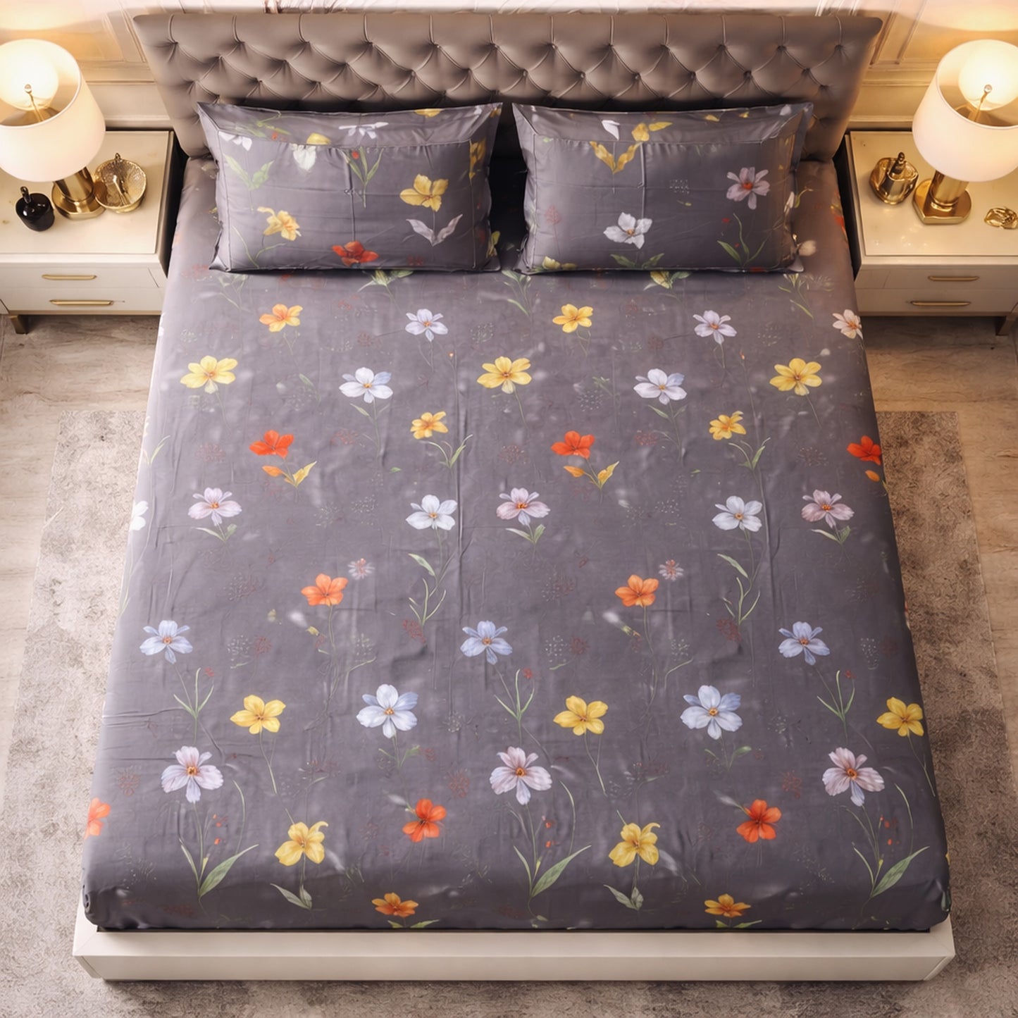 Exclusive Imported Pure Cotton Satin Floral Grey Printed Bedsheet