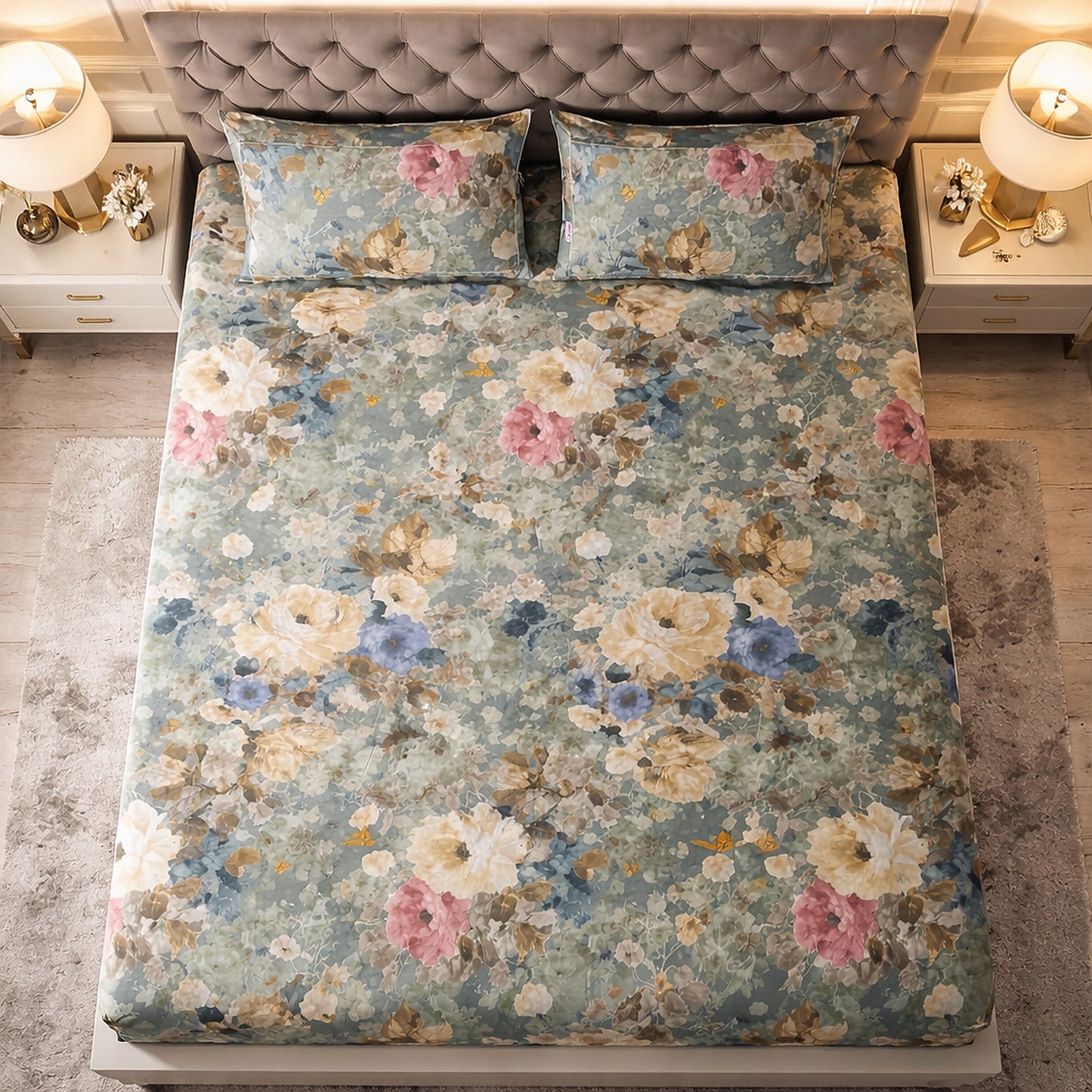Imported Pure Cotton Satin Bright Floral Green Printed Bedsheet