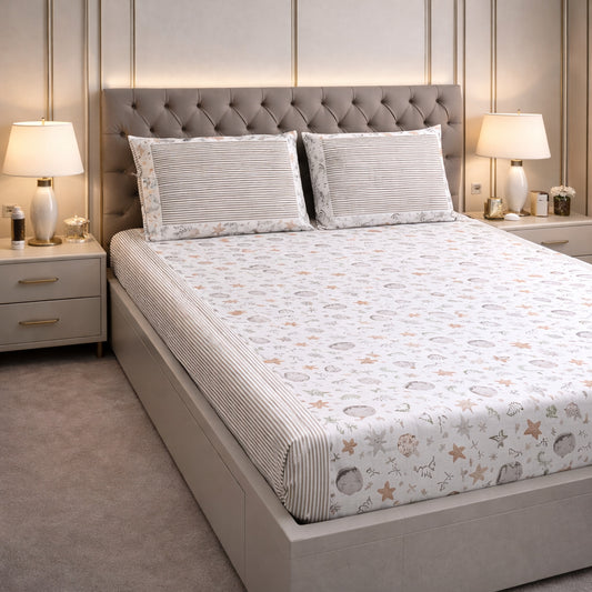Imported White Colour Pure Cotton Space Print Bedsheet