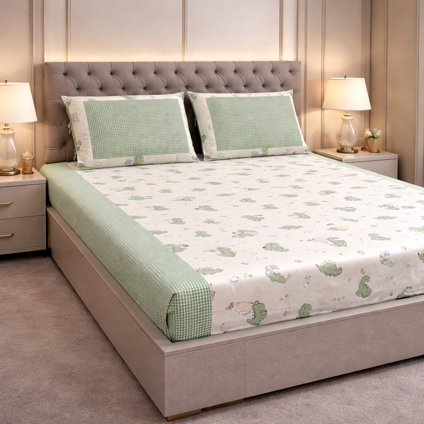 Pure Cotton Green Colour Dinosaur Print Bedsheet