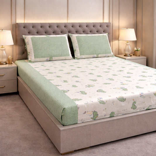 Pure Cotton Green Colour Dinosaur Print Bedsheet