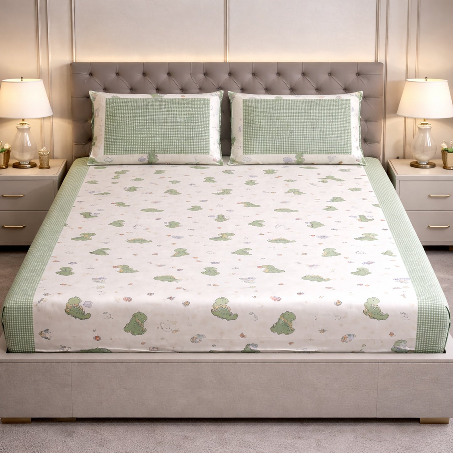 Pure Cotton Green Colour Dinosaur Print Bedsheet