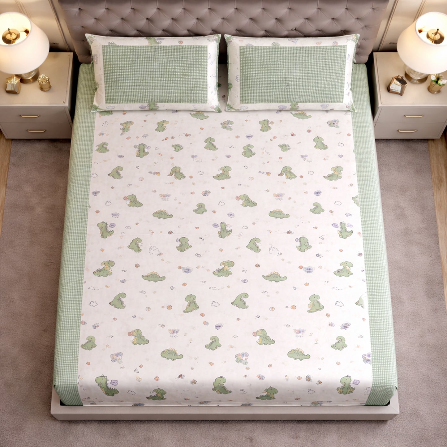 Pure Cotton Green Colour Dinosaur Print Bedsheet