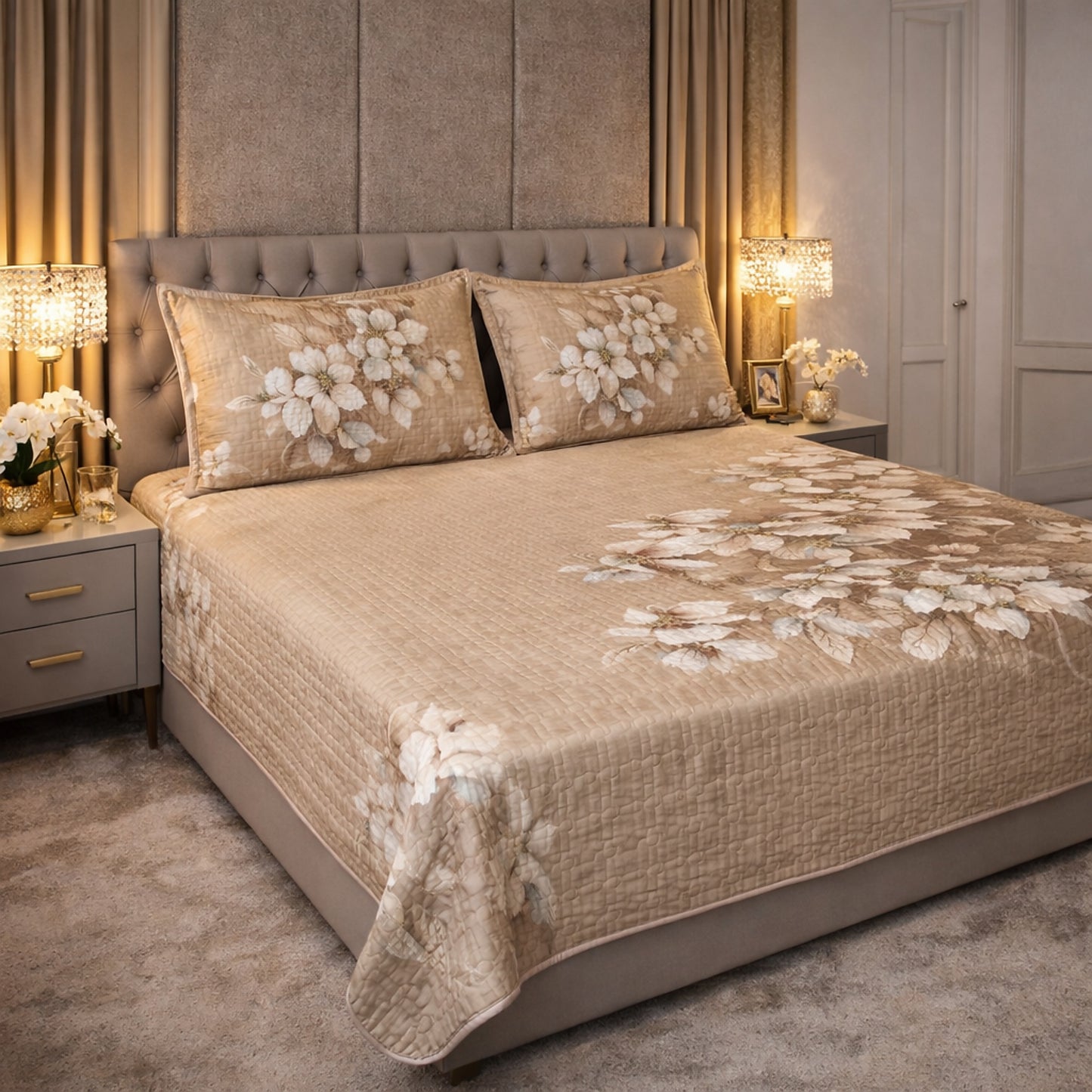 Elegant Beige Floral Digital Bedcover