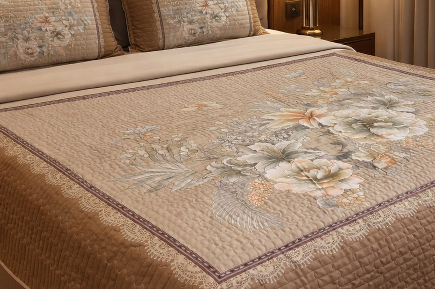 Exclusive Beige Floral Digital Bedcover