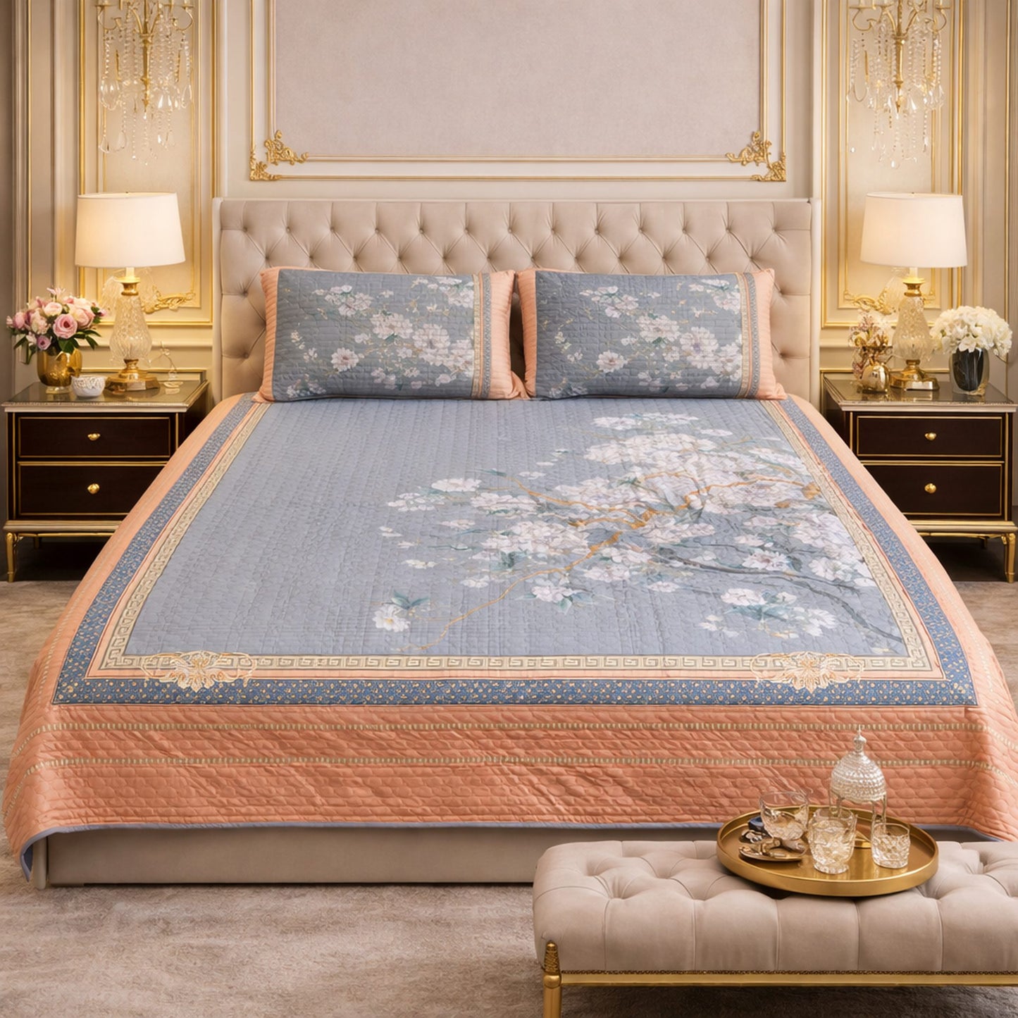 Beautiful Grey & Orange Floral Digital Bedcover