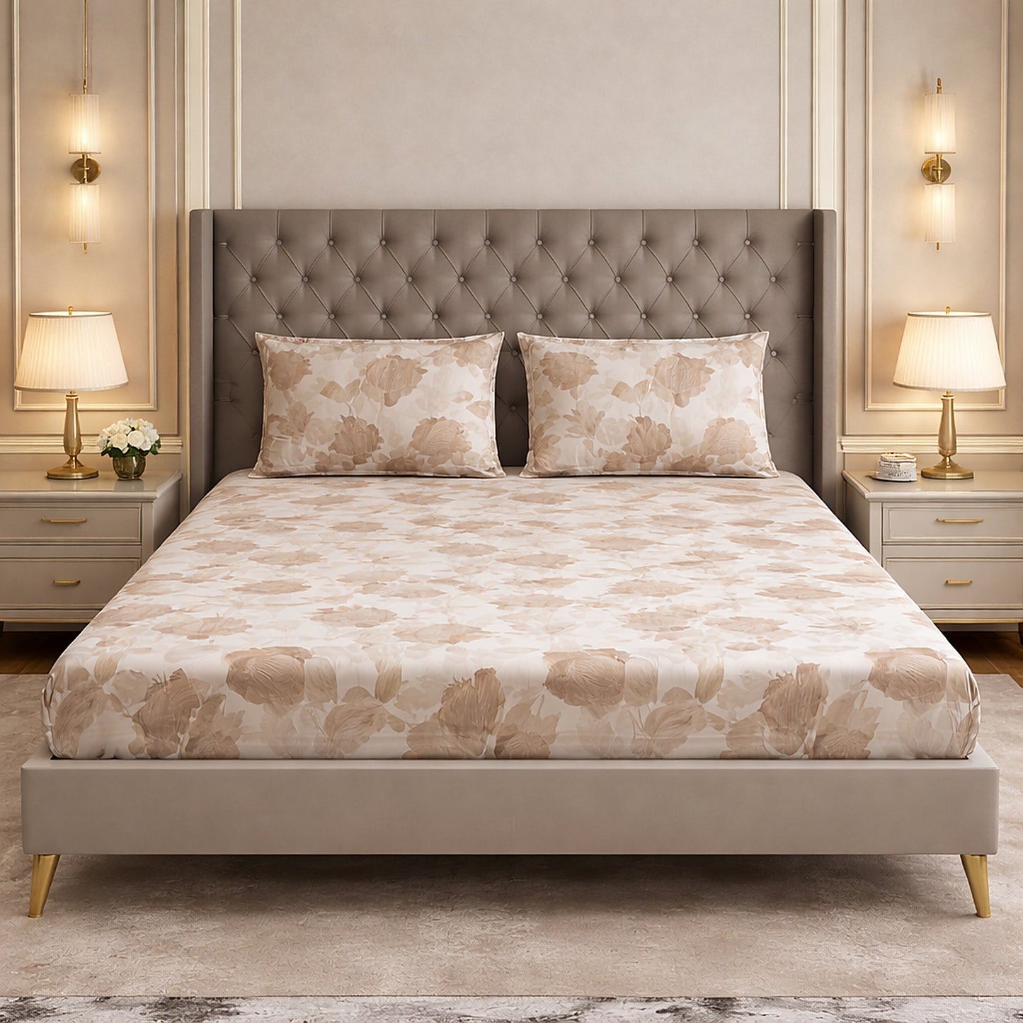 Comfortable Imported Pure Cotton Satin Peach Printed Bedsheet