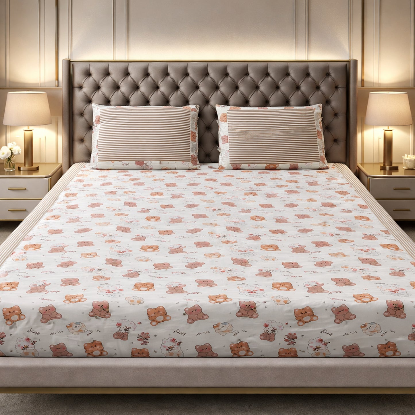 Cozy Cotton Brown Colour Teddy Bear Print Bedsheet