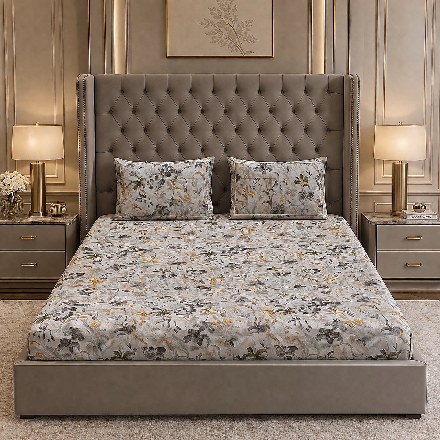 Imported Pure Cotton Satin Floral Grey Printed Bedsheet
