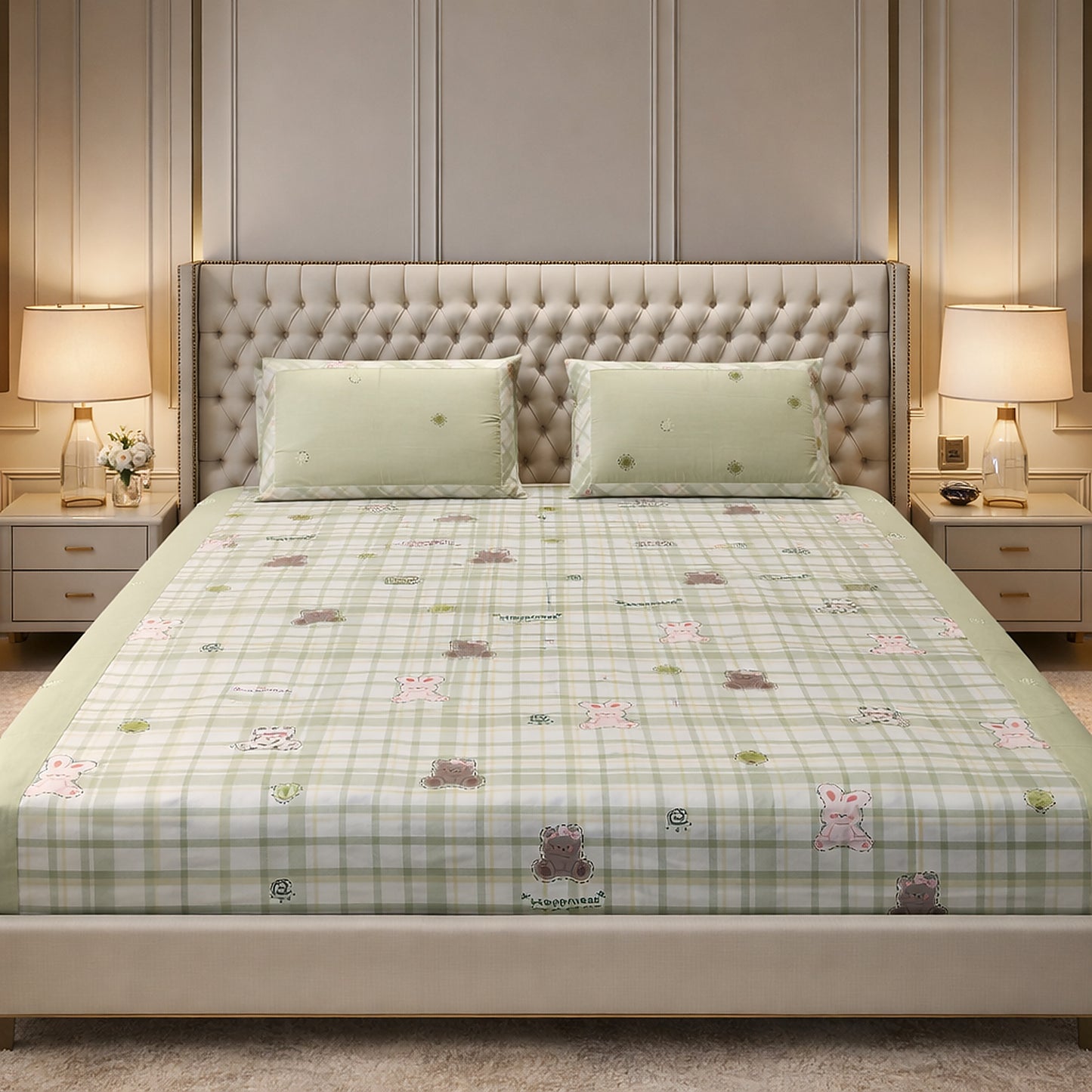 Green Teddy Bear Print Cotton Kids Bedsheet