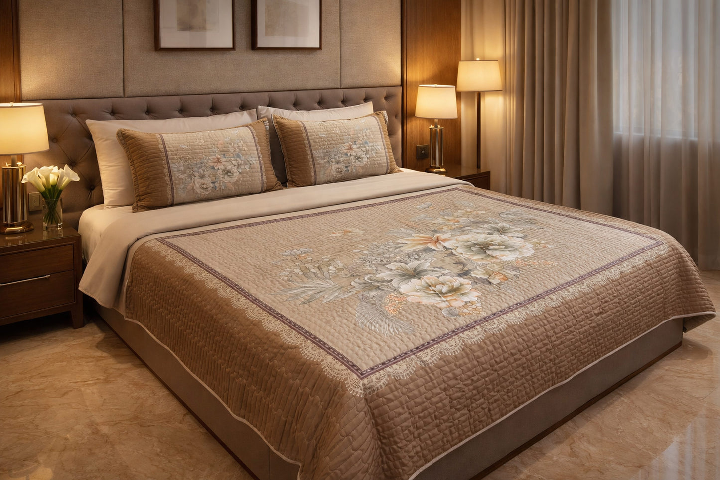 Exclusive Beige Floral Digital Bedcover