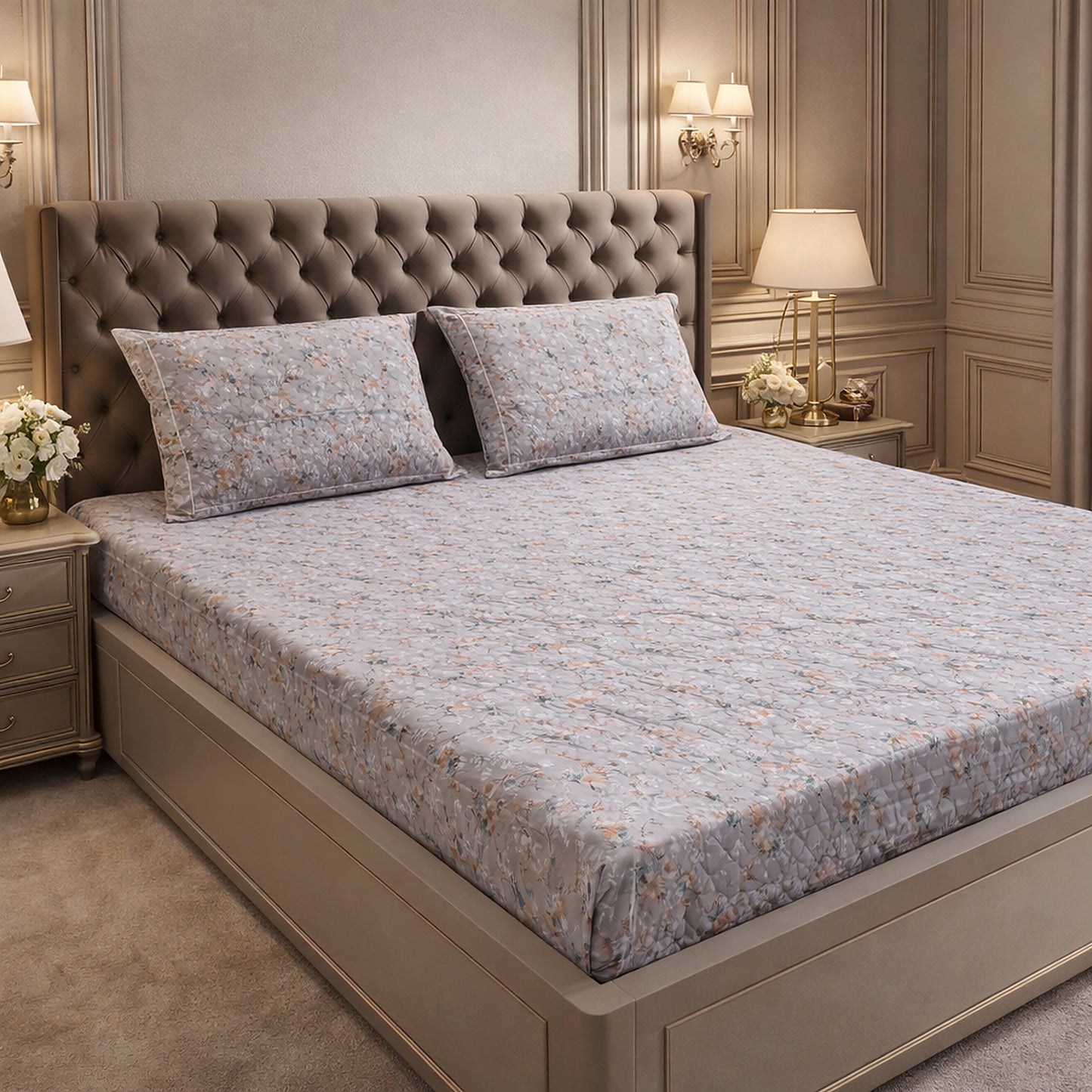 Pure Cotton Floral Printed Grey Bedsheet