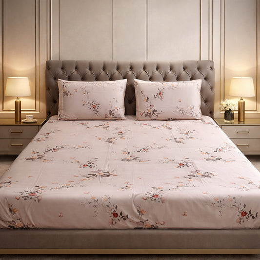 Baby Pink Floral Cotton King Size Bedsheet Set