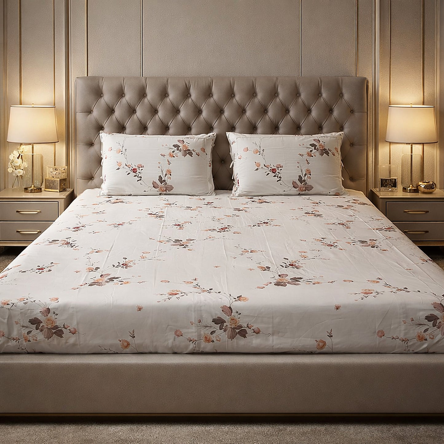 Imported Pure Cotton Satin Floral White Printed Bedsheet