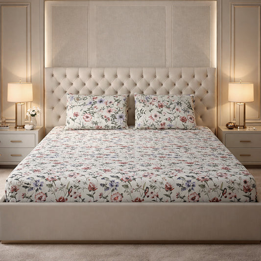 Imported Pure Cotton Satin Floral Cream Colour Printed Bedsheet