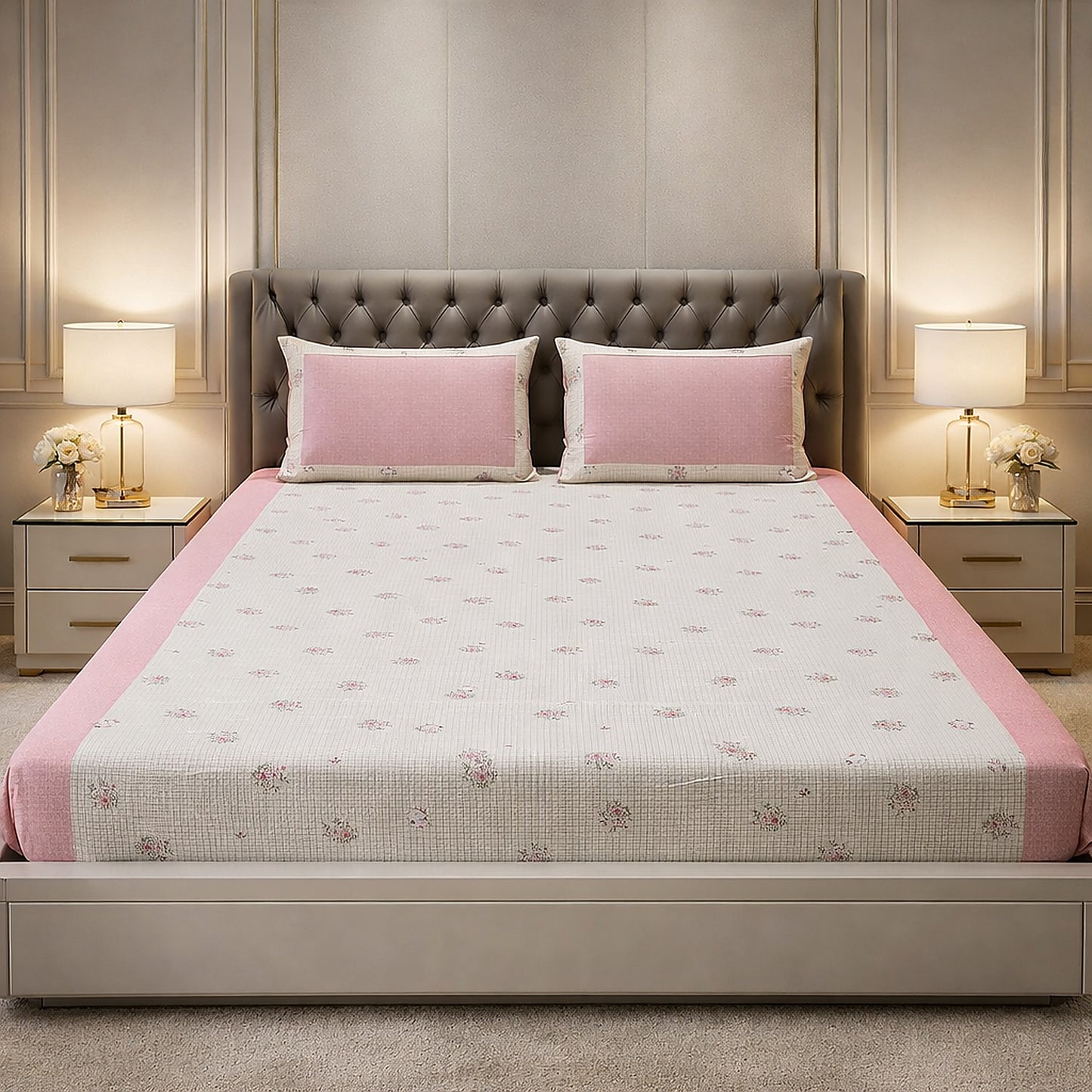 Pink Colour Floral Print Pure Cotton Bedsheet