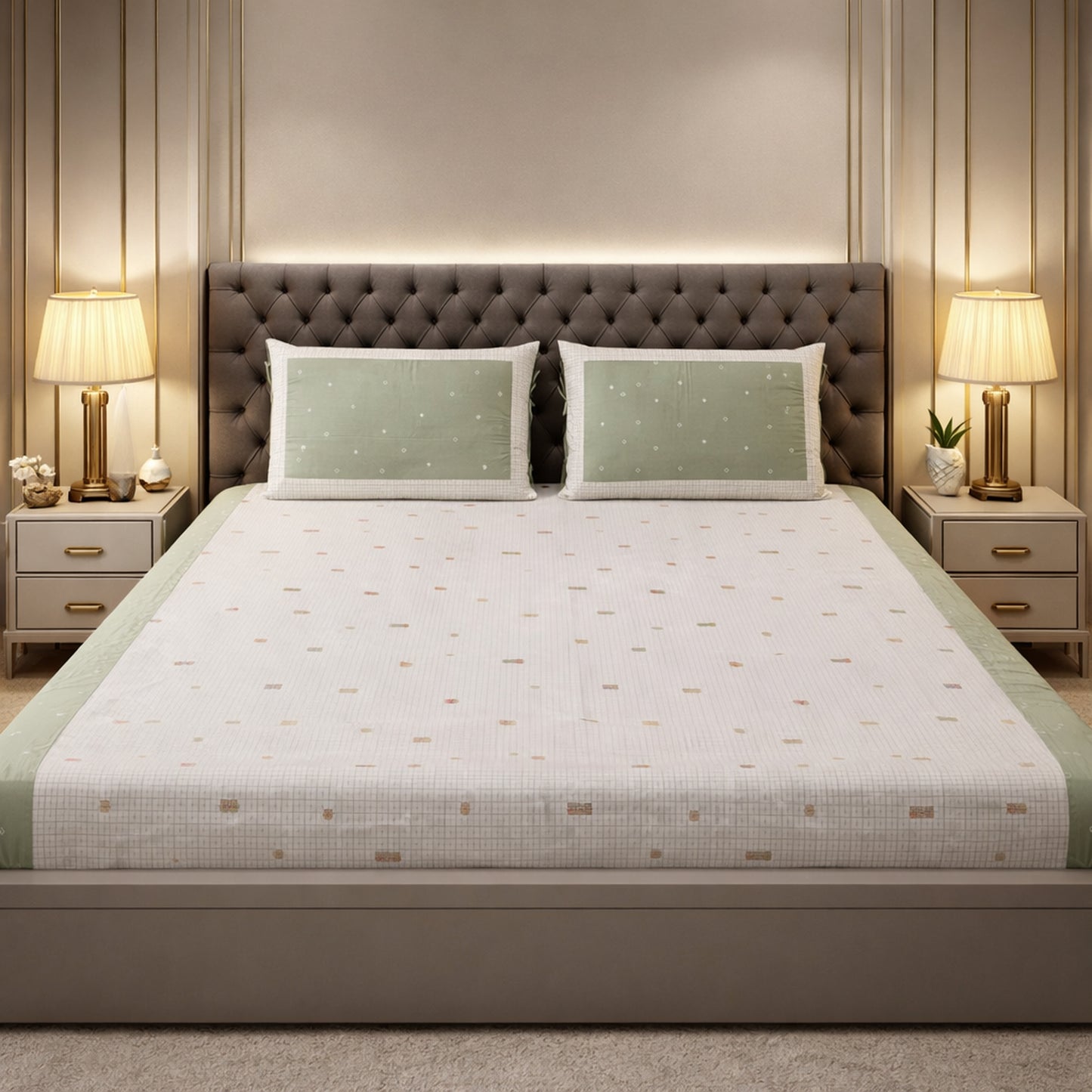 Green Cotton Kid Print King size Bedsheet