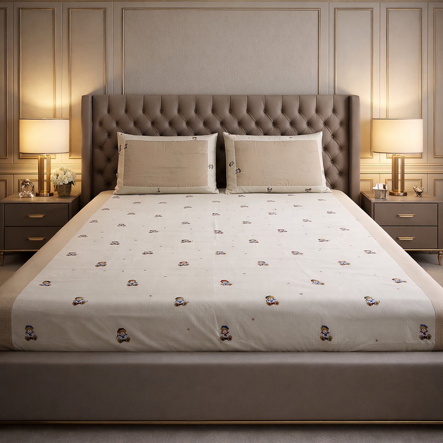Beige Colour Imported Pure Cotton Teddy Bear Bedsheet