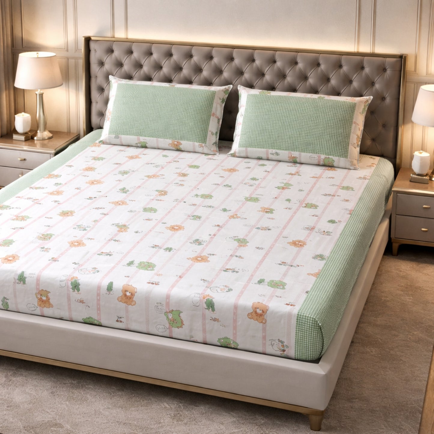 Pure Cotton Green Colour Teddy Bear Print Bedsheet