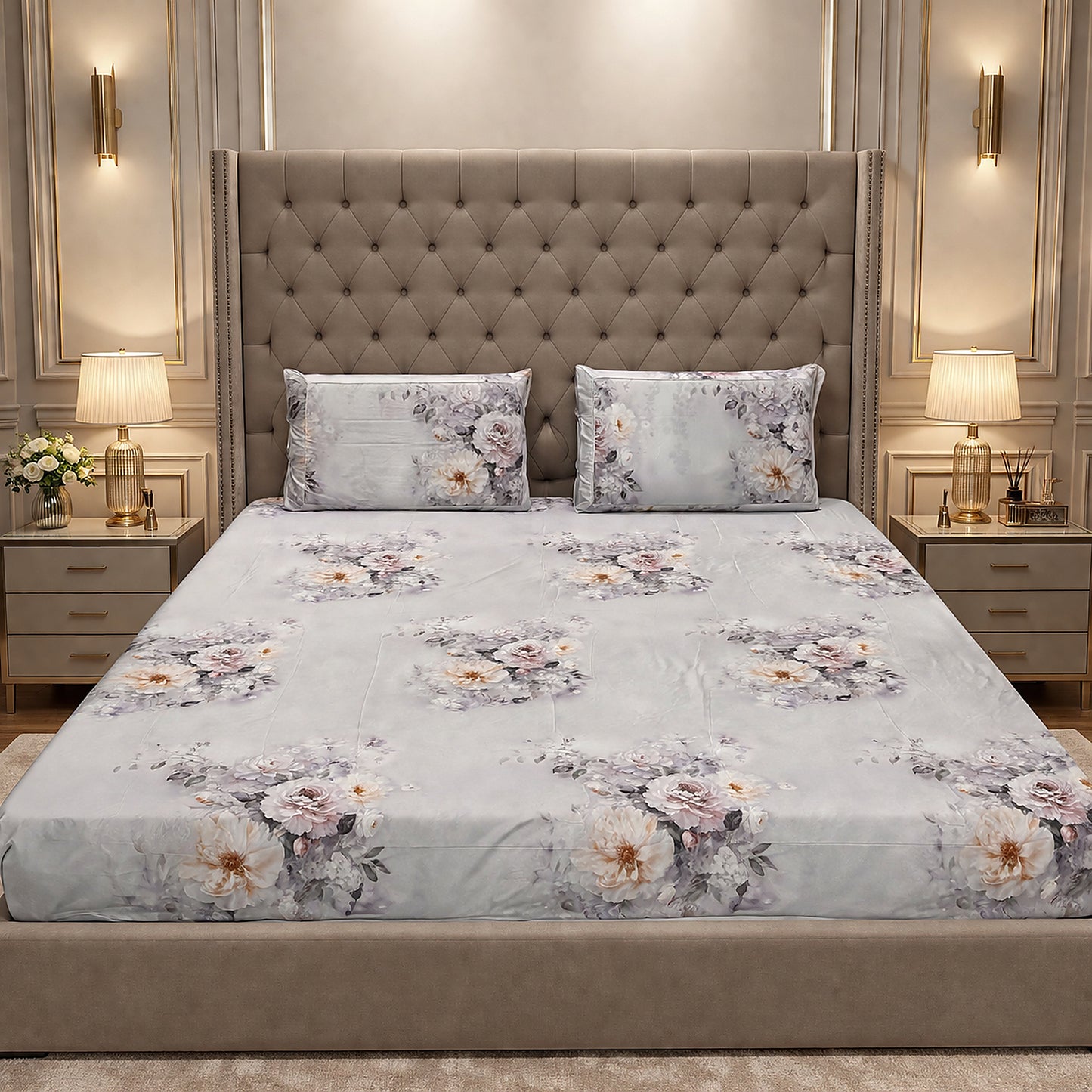 Exclusive Imported Pure Cotton Satin Floral Blue Printed Bedsheet