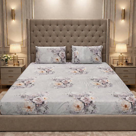 Exclusive Imported Pure Cotton Satin Floral Blue Printed Bedsheet