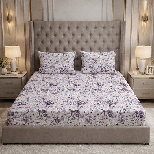 Purple Print Floral Cotton King Size Bedsheet Set