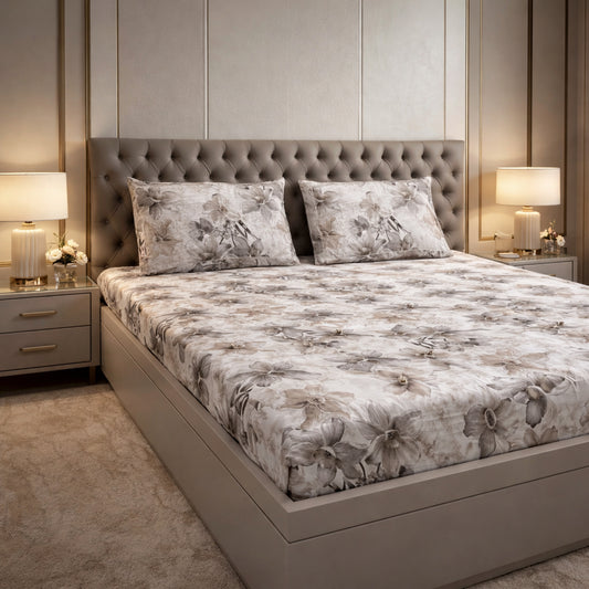 Imported Pure Cotton Satin Floral Grey Printed Bedsheet