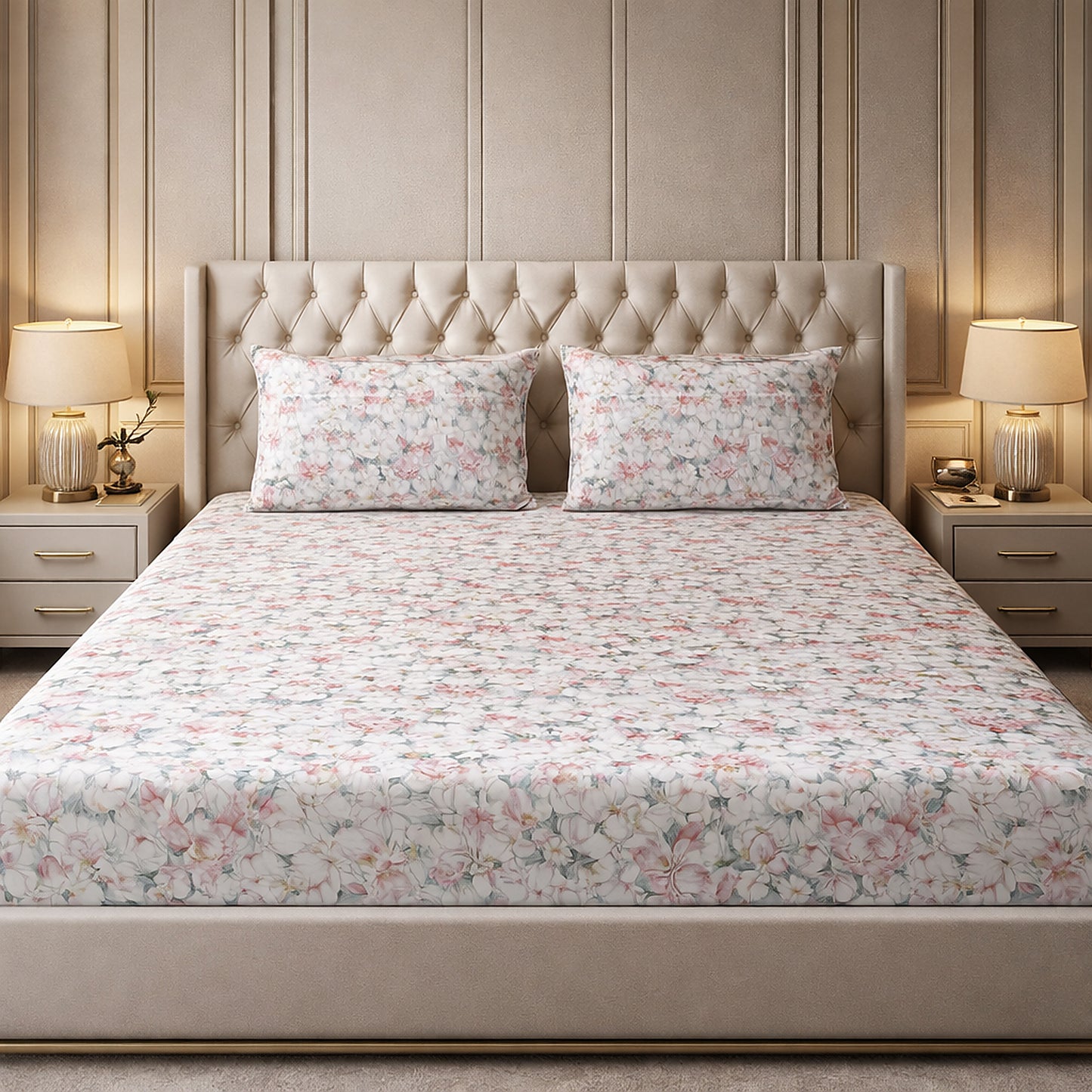 Imported Pure Cotton Satin Floral Baby Pink Bedsheet