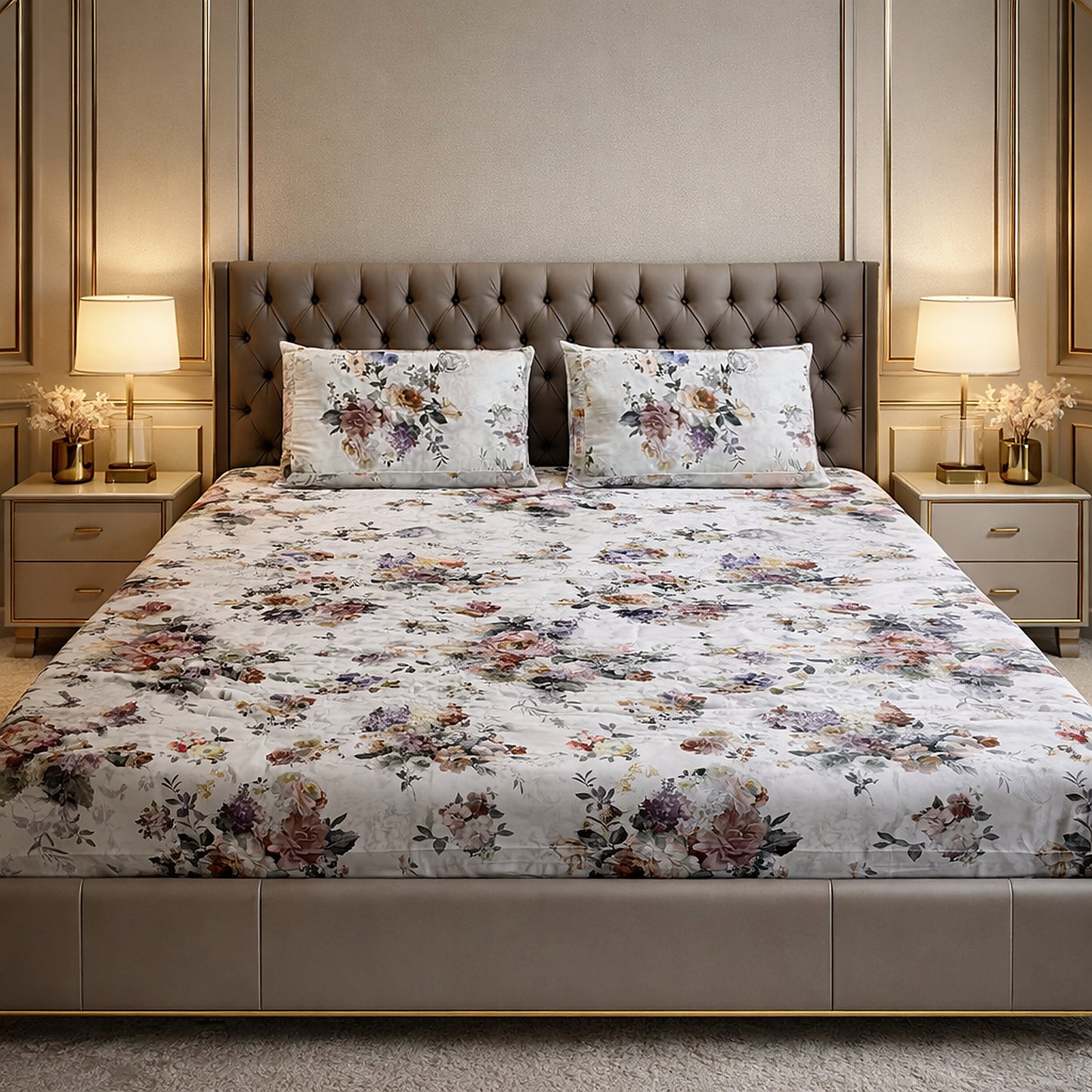 Imported Pure Cotton Satin Floral Multi Colour Printed Bedsheet