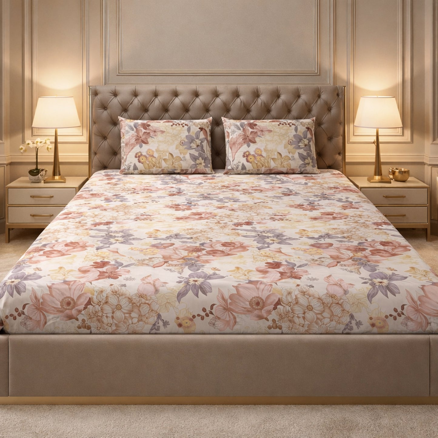Multi-Color Floral Cotton King Size Bedsheet Set
