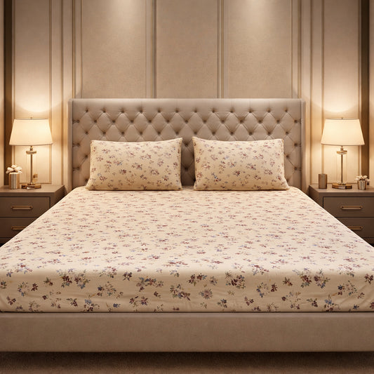 Imported Pure Cotton Satin Floral Light Yellow Printed Bedsheet