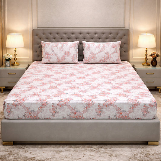 Imported Pure Cotton Satin Floral Pink Printed Bedsheet