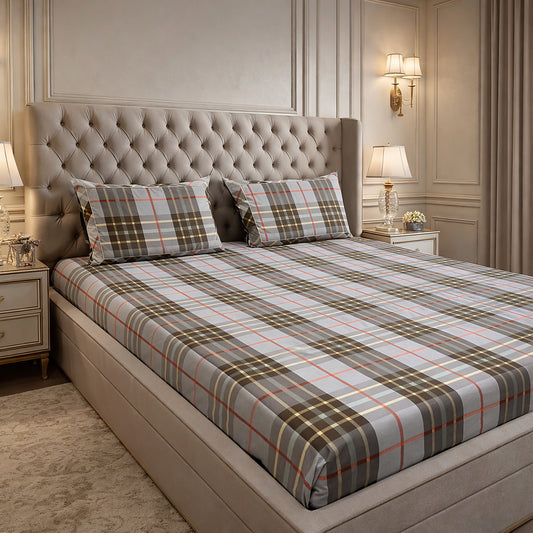 Imported Pure Cotton Burberry Checks Printed Bedsheet- Grey Colour