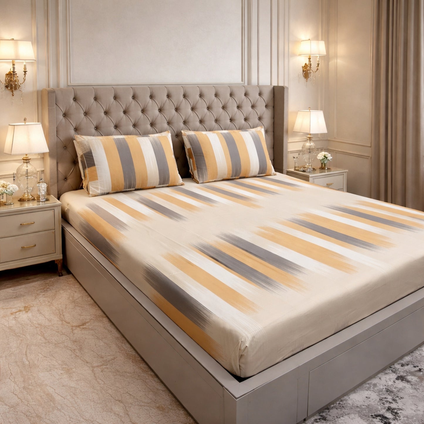 Imported Pure Cotton Abstract Print Bedsheet- Orange Colour