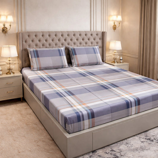 Imported Pure Cotton Check Bedsheet- Blue Colour