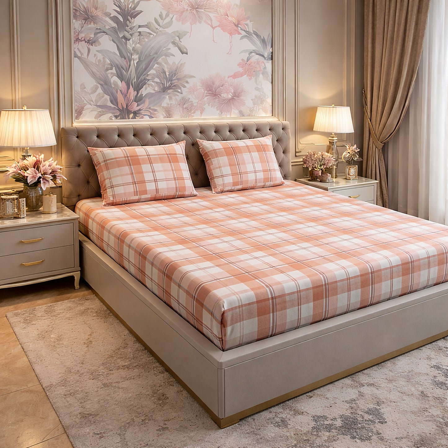 Pure Cotton Orange Check Bedsheet