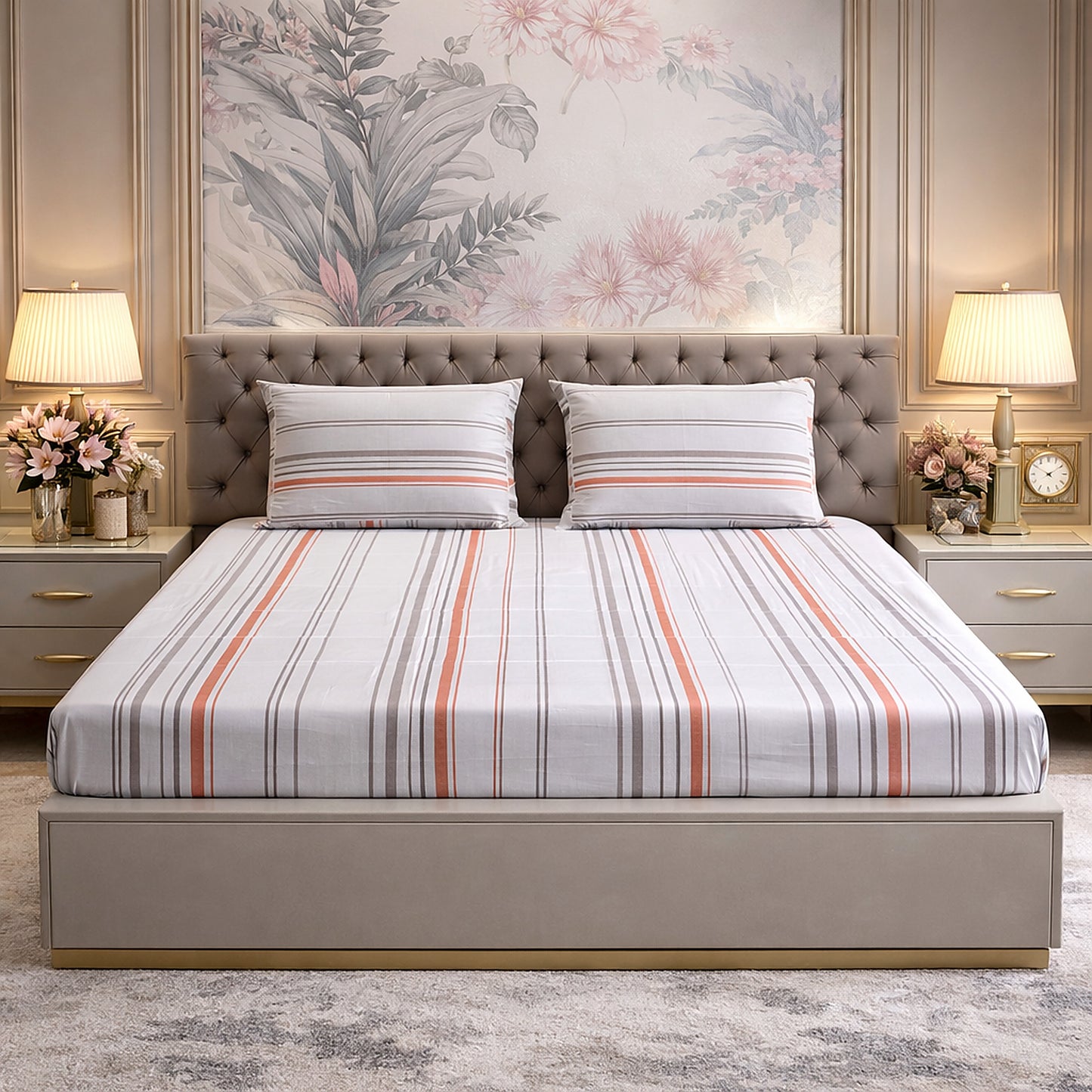 Imported Pure Cotton Grey and Orange Stripe Bedsheet