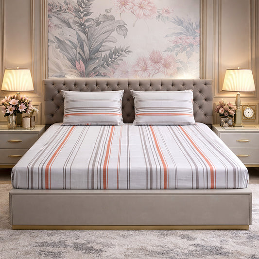 Imported Pure Cotton Grey and Orange Stripe Bedsheet