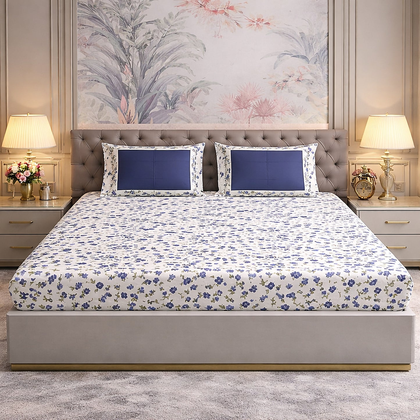 Pure Cotton Blue Cream Floral Design Bedsheet