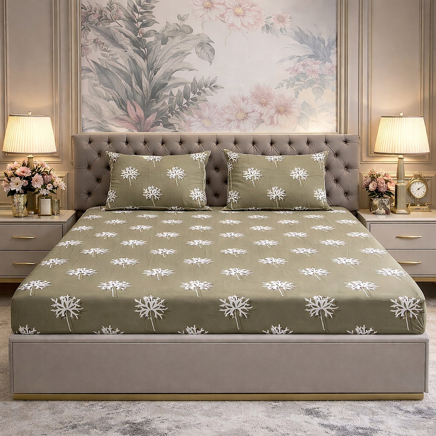 High Quality Green Colour Pure Cotton Printed Bedsheet